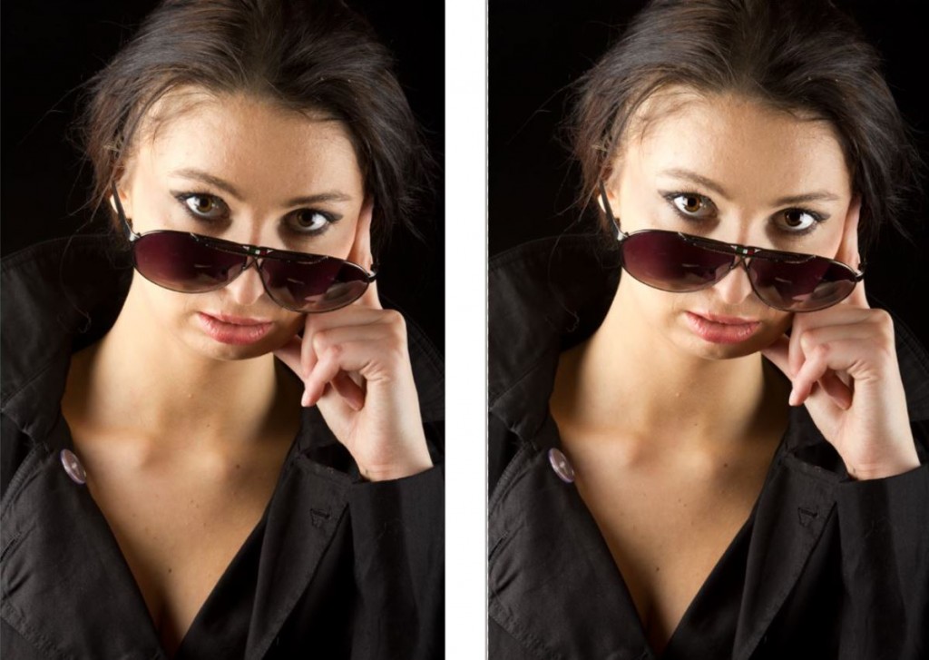 Zdjęcie z lewej strony - przed retuszem oczu, zdjęcie z prawej strony - po retuszu oczu