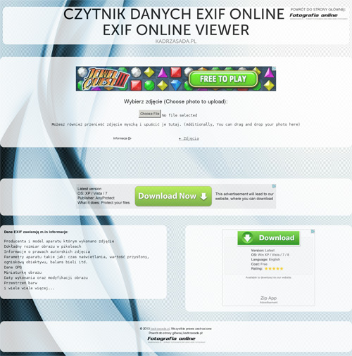 Czytnik danych exif: http://czytnikexif.kadrzasada.pl