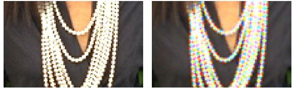 Przykład przekłamanych kolorów spowodowanych przez algorytm demosaicingu