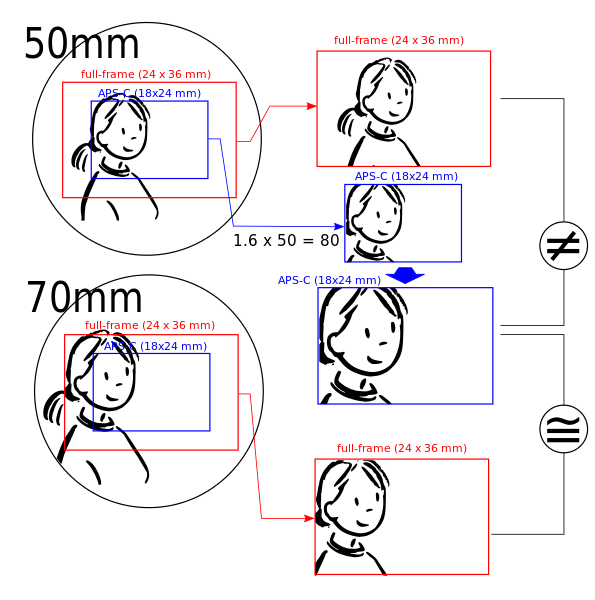 Różnice pomiędzy matrycą pełnoklatkową i APS-C. Źródło: http://commons.wikimedia.org